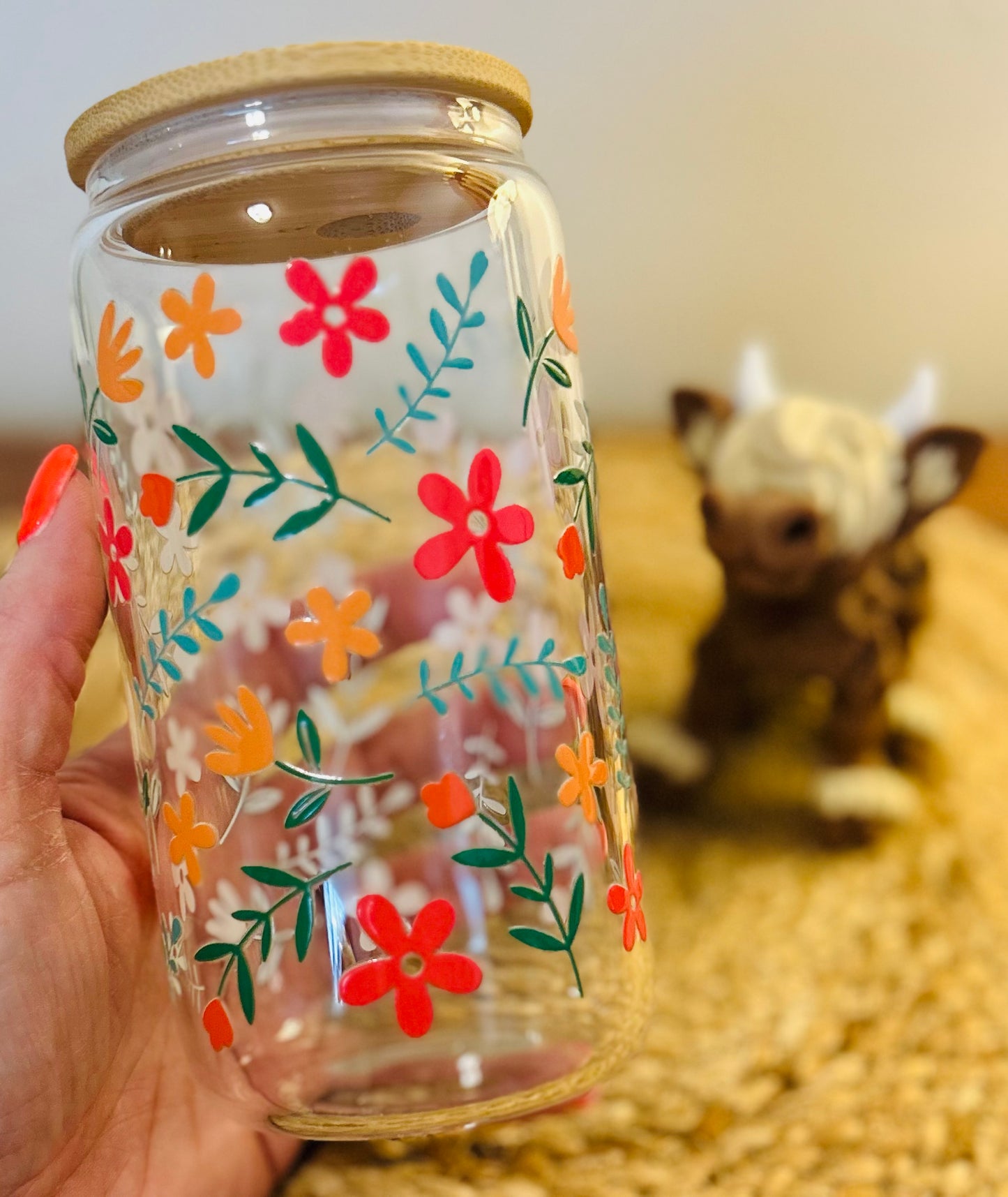 Pink Floral Glass Can