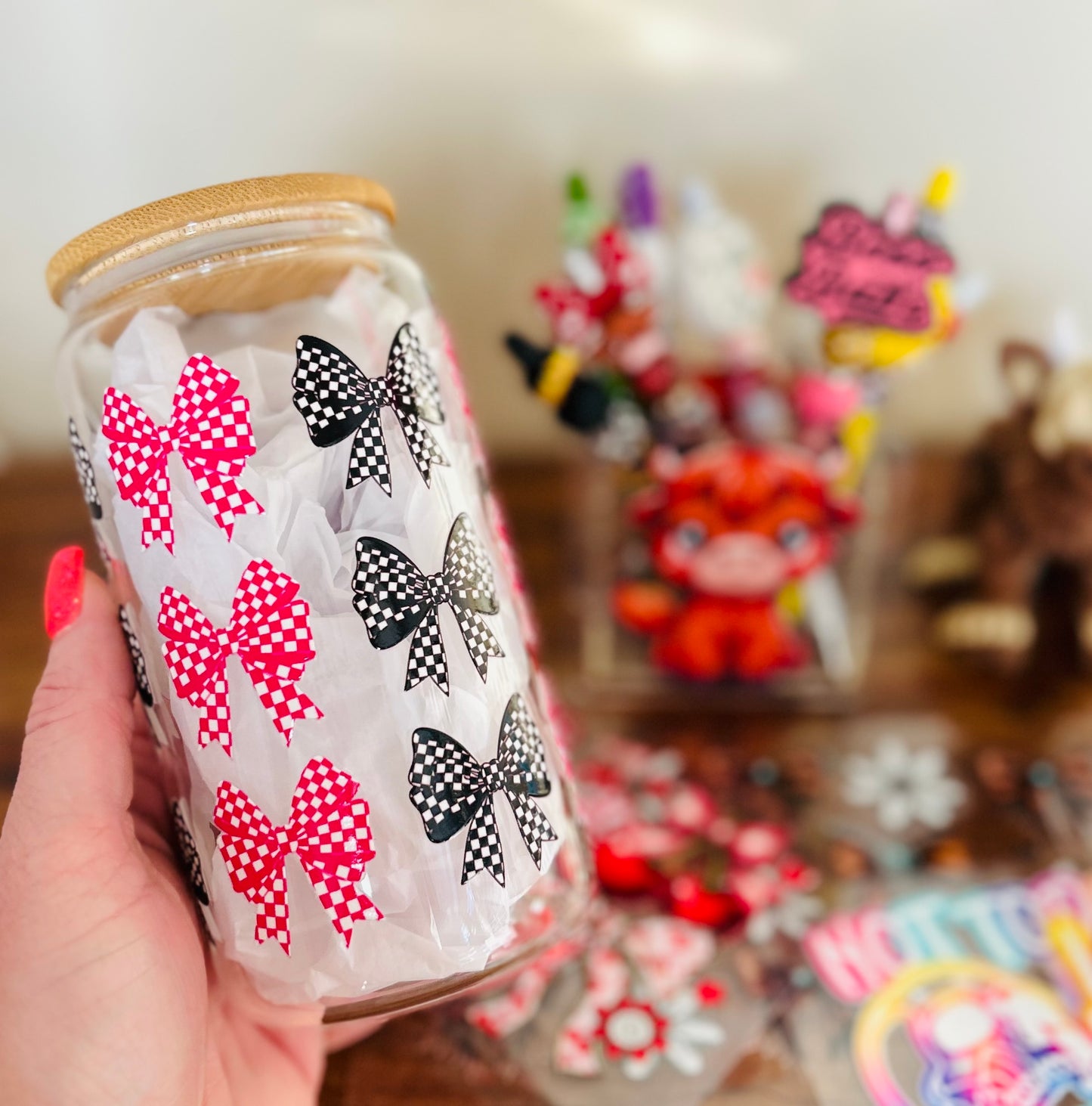 Checkered Bows Glass Can