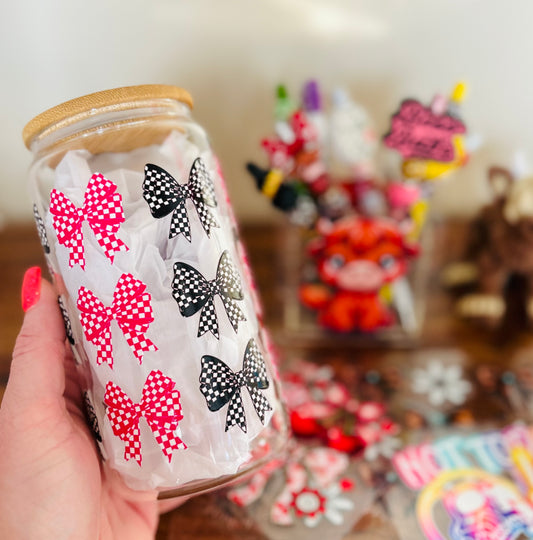 Checkered Bows Glass Can