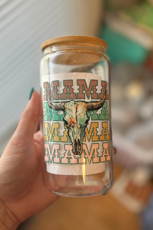 Boho Cow Mama Glass Can