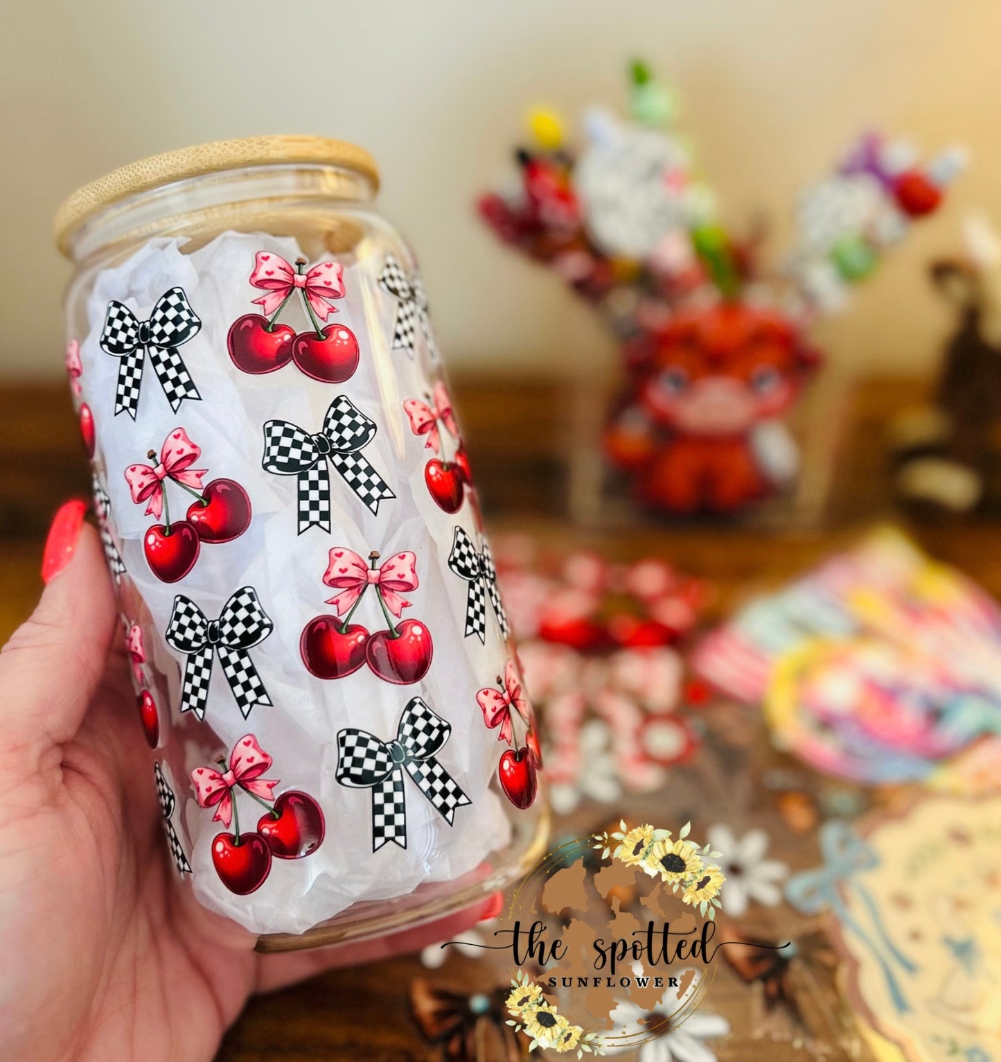 Checkered Bows & Cherries Glass Can