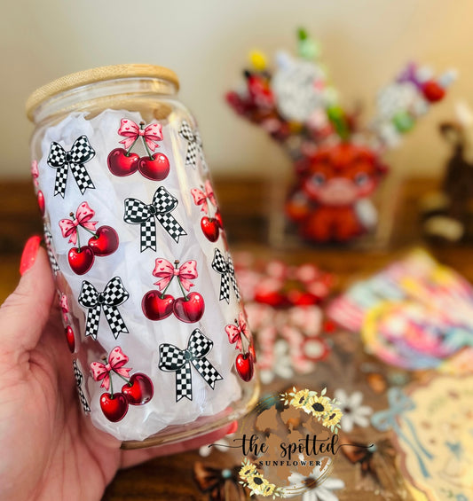 Checkered Bows & Cherries Glass Can