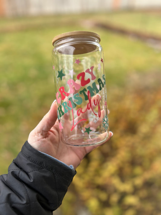 Crazy Christmas Lady Glass Can